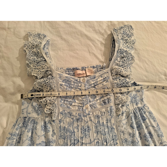 Rachel Ashwell Blue Toile Eyelet Cotton Nightgown Small Sleeveless Ruffle Trim - Picture 8 of 8